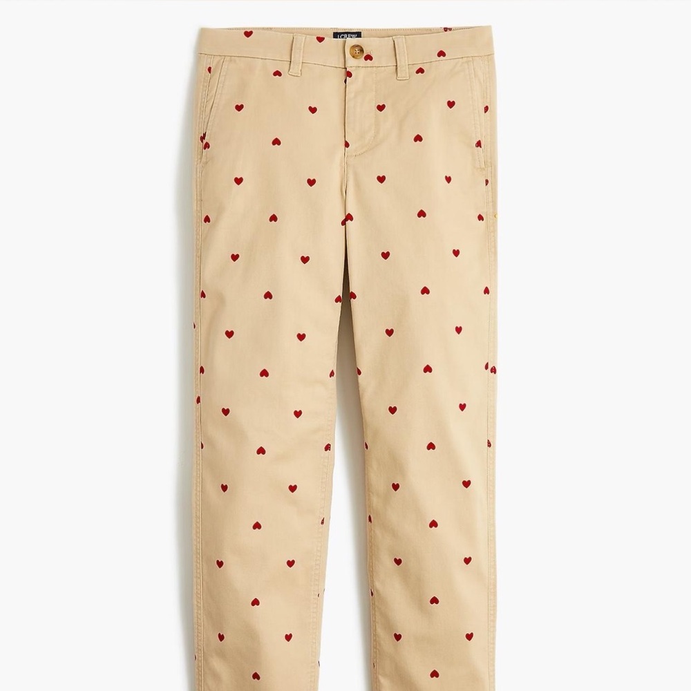 J. Crew Khaki Pants with Red Heart Accents